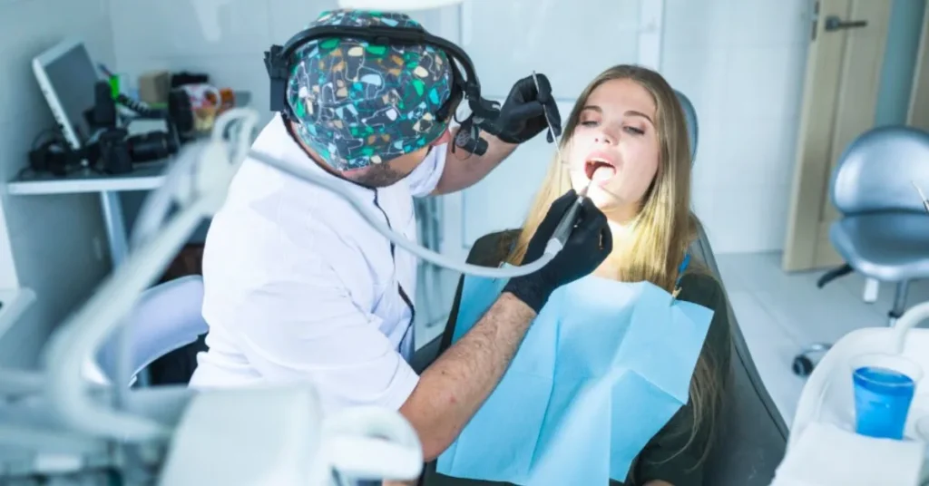 Dentist examining patient for same day tooth extraction procedure